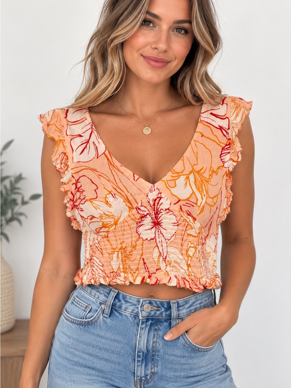 Patrons of Peace Peach Floral Ruffle Crop Top with Red Accents